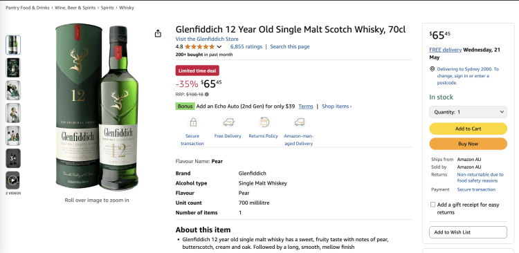 Amazon: Glenfiddich 12 Year Old Single Malt Scotch Whisky, 70cl – 35% Off, now $65.45